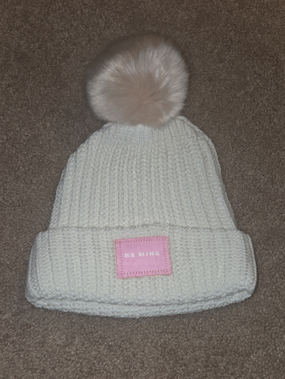 Cozy White Knit Pom Beanie with Pink Patch